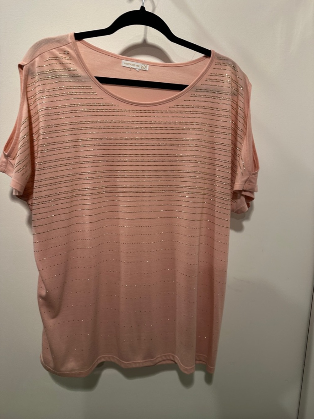 Westport Pink Short Sleeve Knit Top, Metallic Stripe Detail, Cold Shoulder 1X